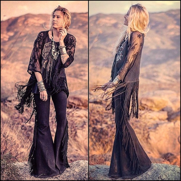 Sew Red Pants - REGULAR LENGTH High Waisted Fringe Bell Bottoms in BLACK SOLID Rocker Festival
